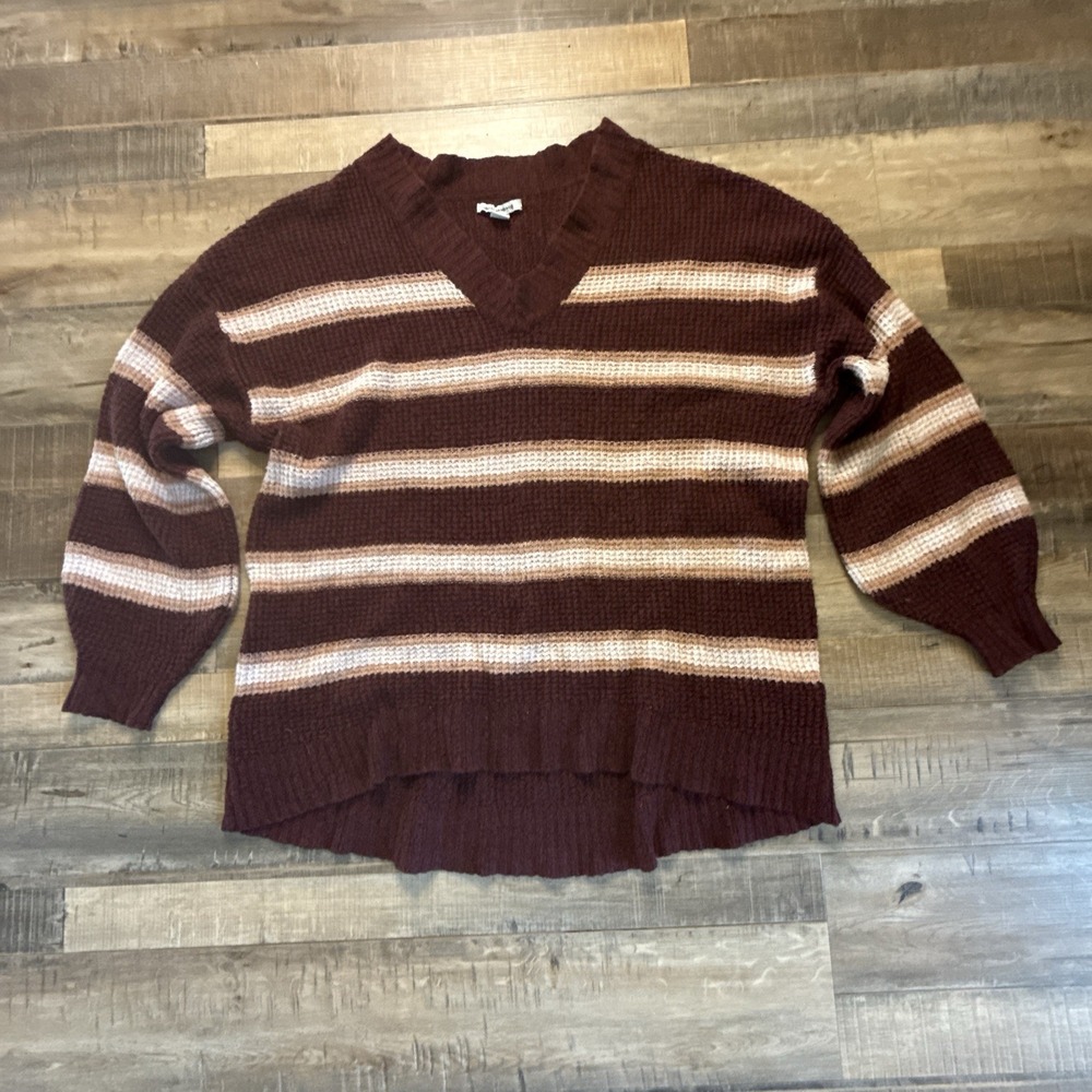 American Eagle Waffle Knit Tunic Sweater Women M Burgundy Striped V Neck Relaxed